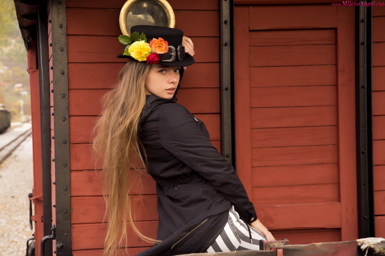Floral Top Hat Portrait Beside a Red Railcar — People / Portraits wallpaper