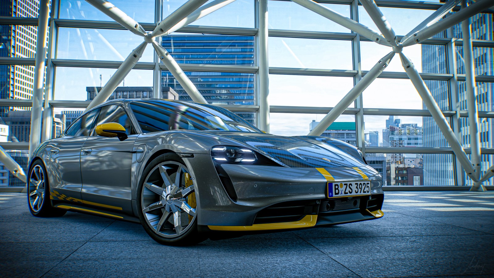 Gray Sports Sedan Under Steel Beams — Cars wallpaper