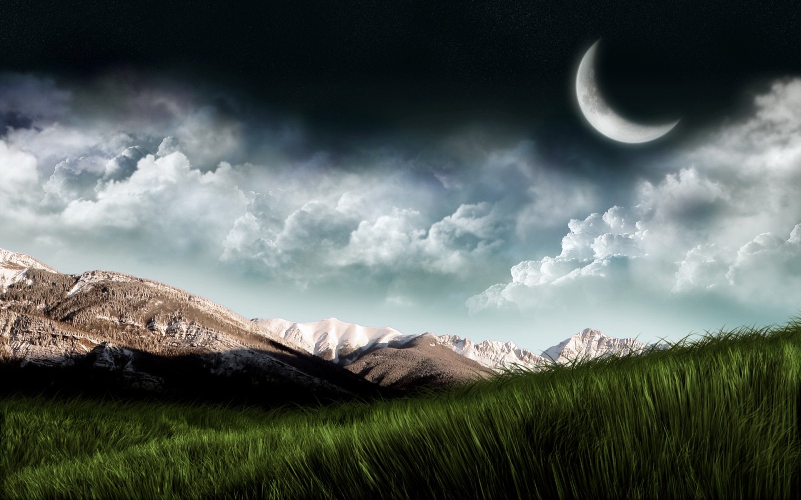 Crescent Moon Above a Mountain Meadow Wallpaper — Surreal wallpaper
