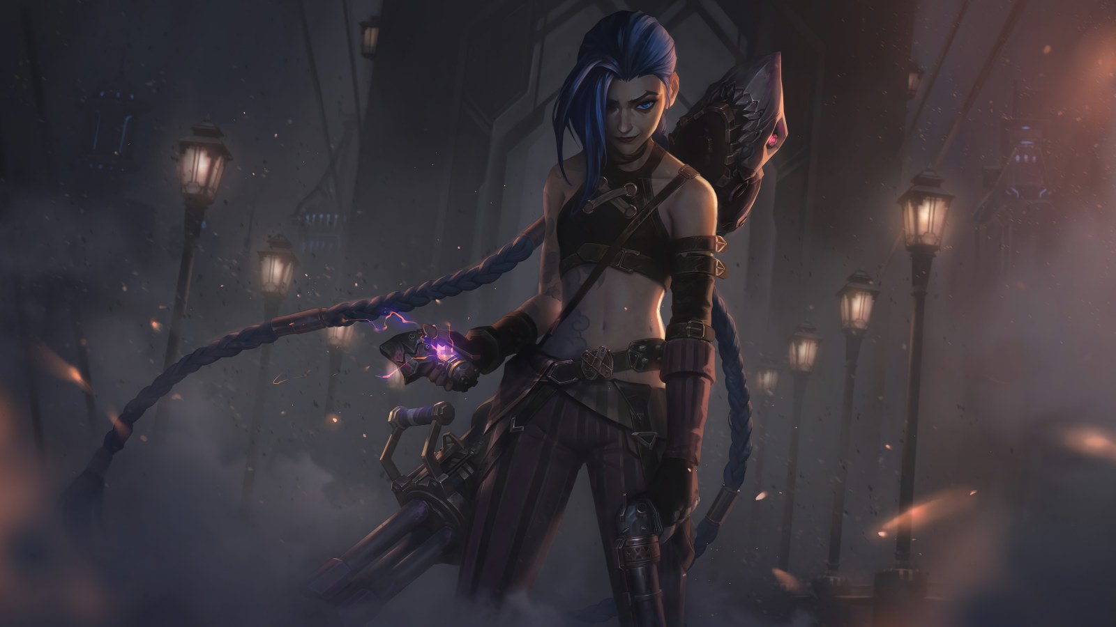 Blue-Haired Gunner Under Street Lamps — Games wallpaper