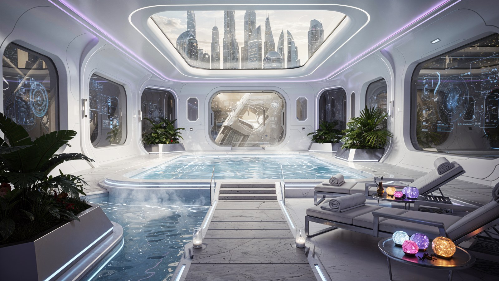 Skyline Serenity: Futuristic Spa Desktop Background — City wallpaper
