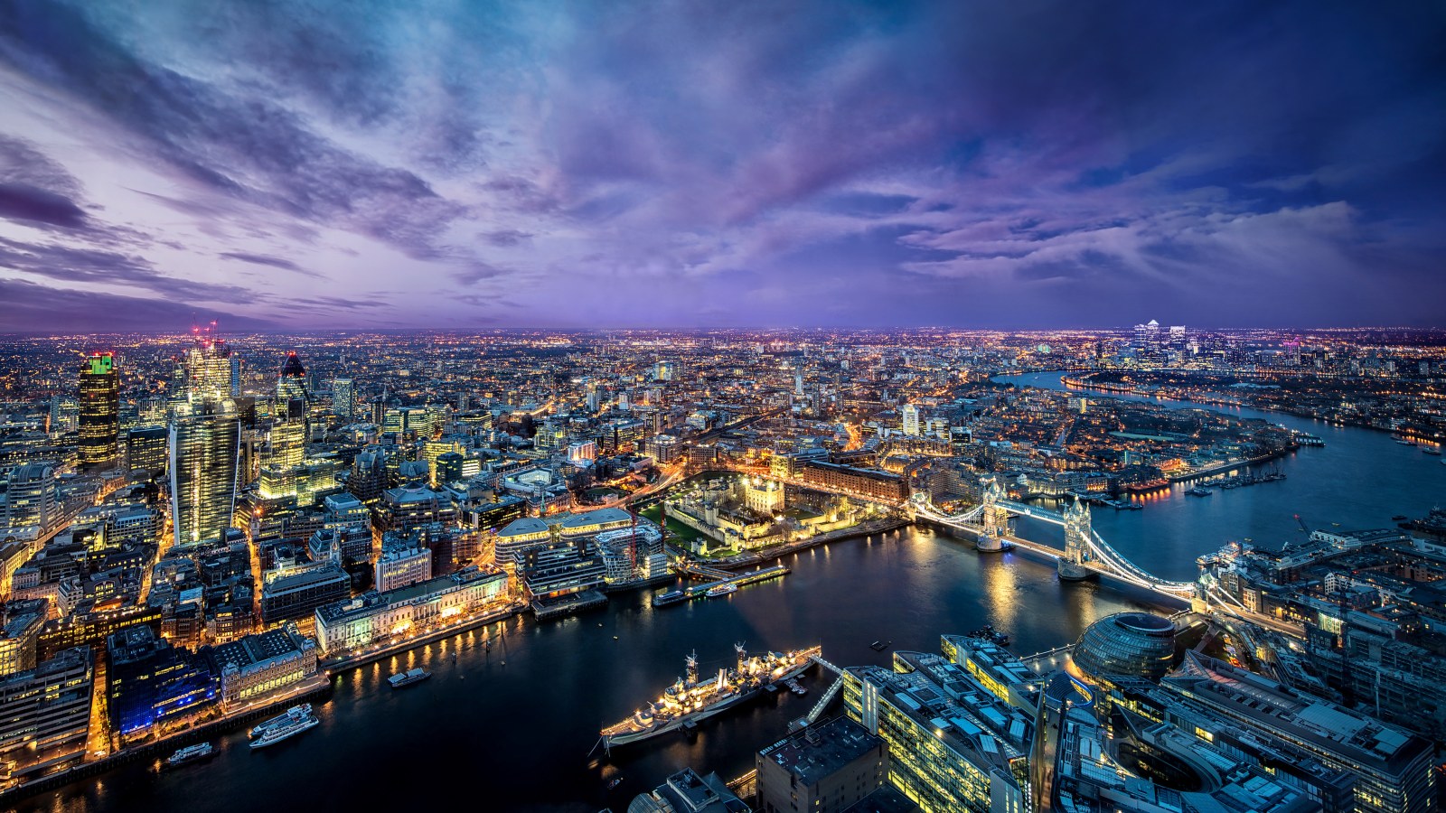 Aerial River City at Twilight 4K Wallpaper — City wallpaper