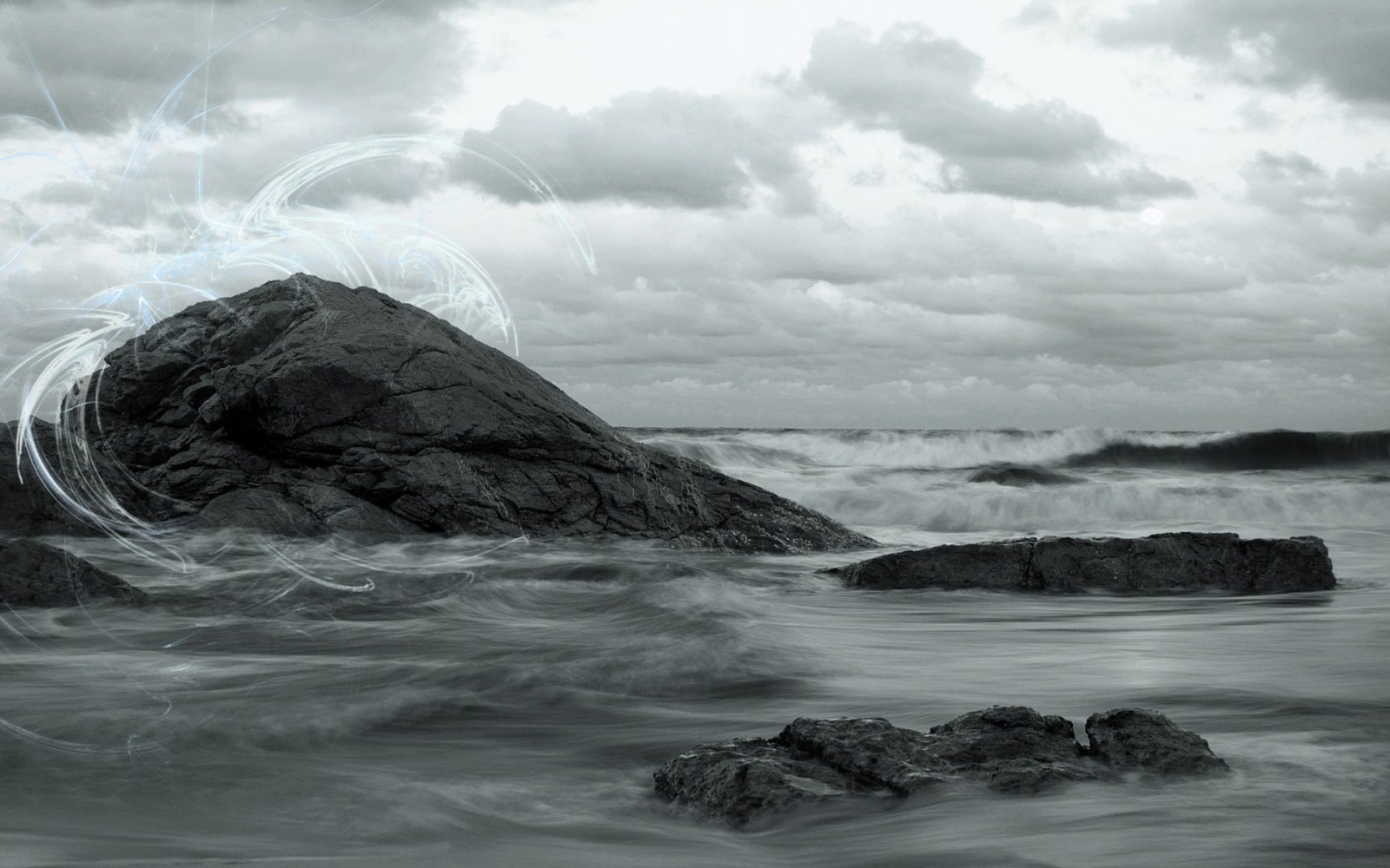 Black and White Waves Around Rocks Wallpaper — Nature wallpaper