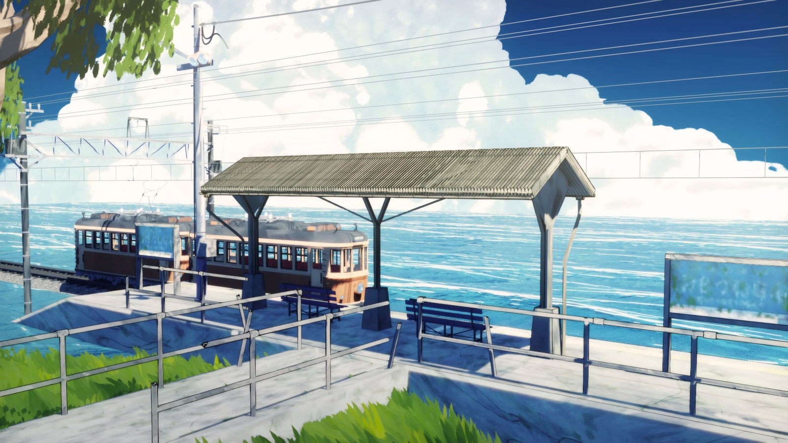 Seaside Train Stop Under a Summer Sky — Anime wallpaper