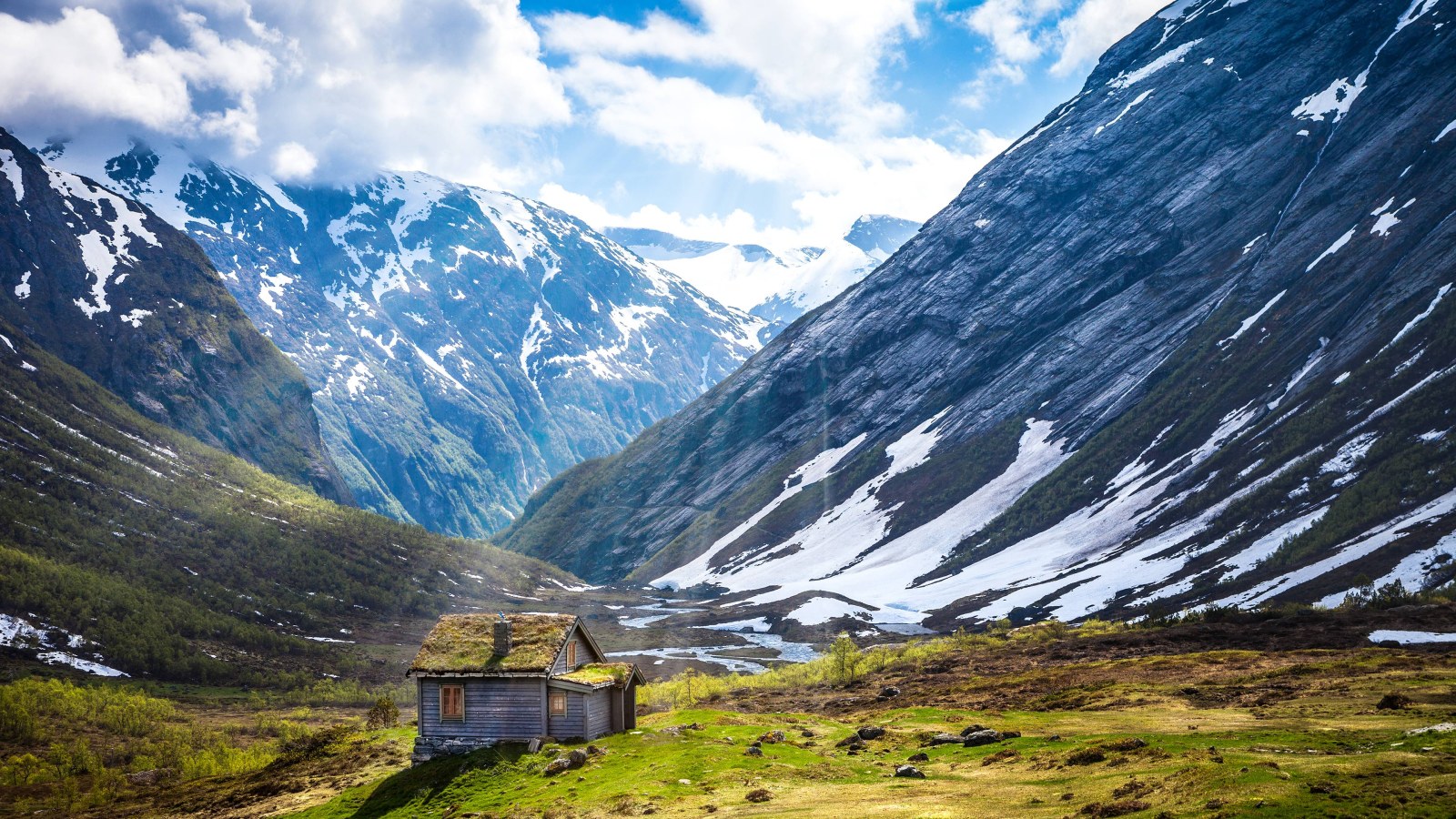 Snowy Mountain Valley Cabin 4K Wallpaper — Nature wallpaper