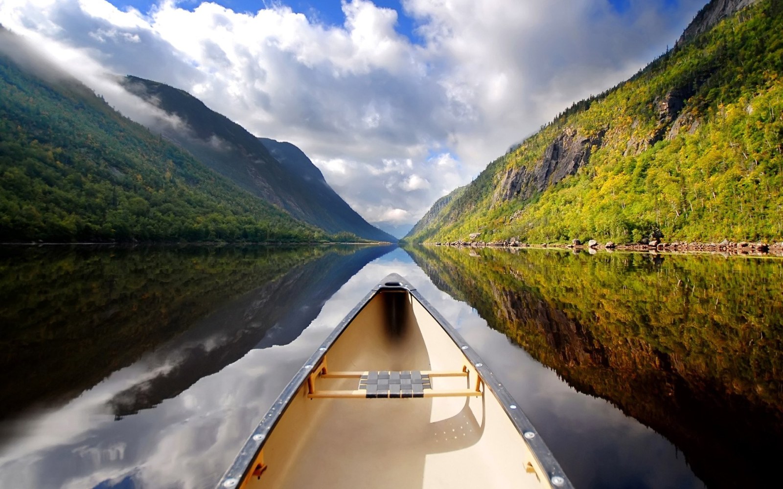 Canoe on a Calm Mountain Lake Wallpaper — Nature wallpaper