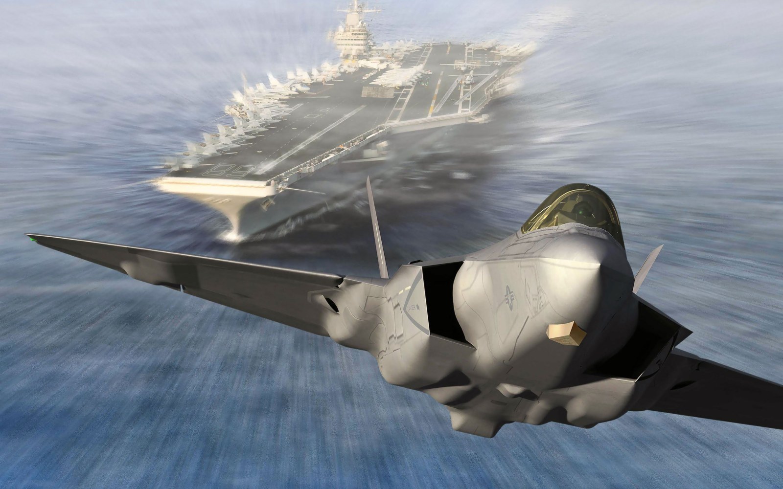 Fighter Jet Above an Aircraft Carrier Wallpaper — Technology wallpaper