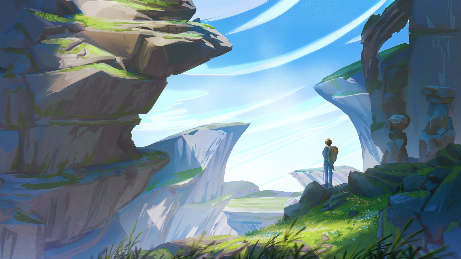 Wanderer on a Floating Cliff — Fantasy wallpaper
