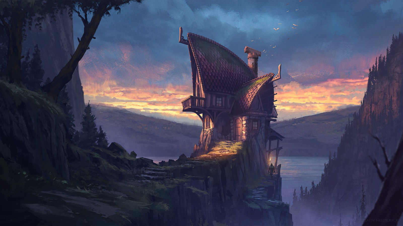 Woodland Cottage at Sunset Wallpaper — Fantasy wallpaper