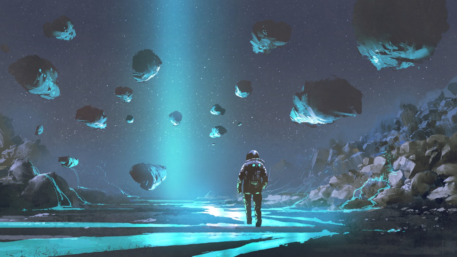 Explorer Beneath Floating Blue Rocks Wallpaper — Fantasy wallpaper