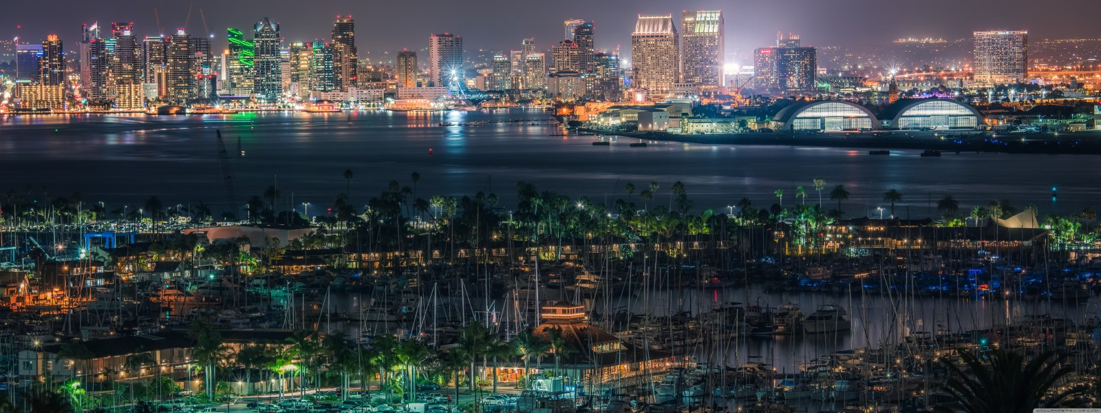 San Diego downtown skyline and marina lit up across the bay at night
