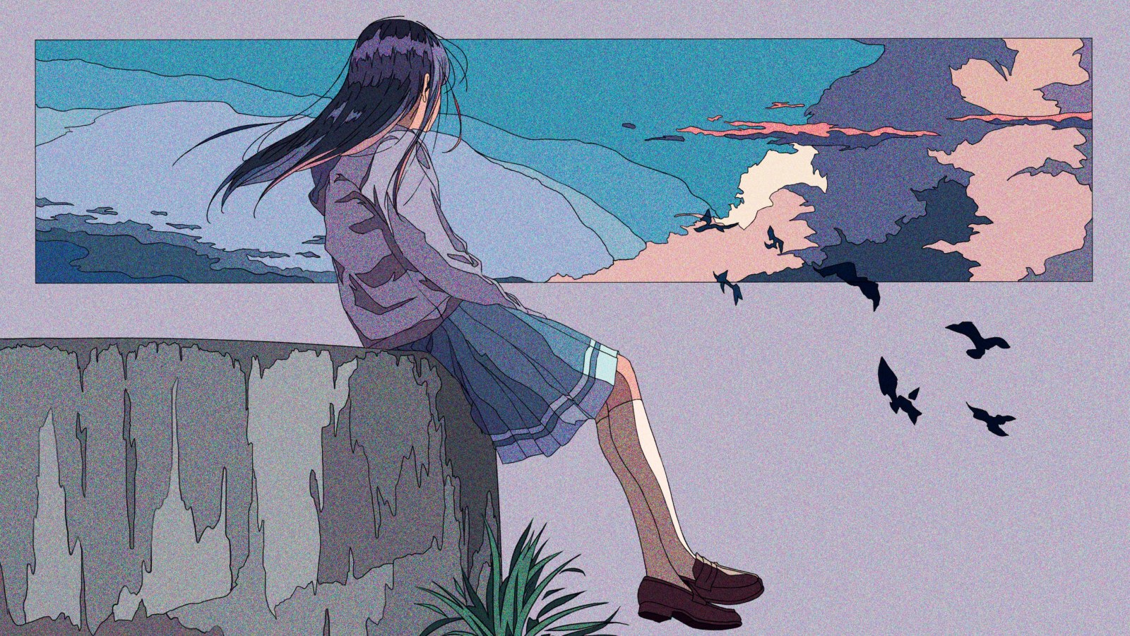 Anime Girl on a Windy Hillside — Anime wallpaper