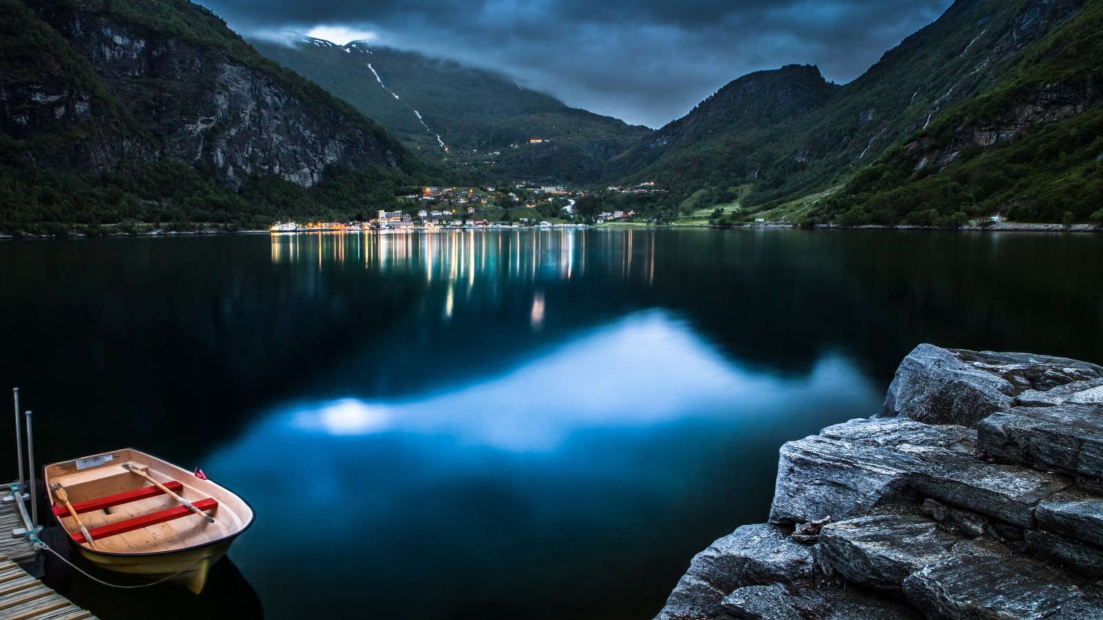 Mountain Fjord with Red Boat 4K Wallpaper — Nature wallpaper