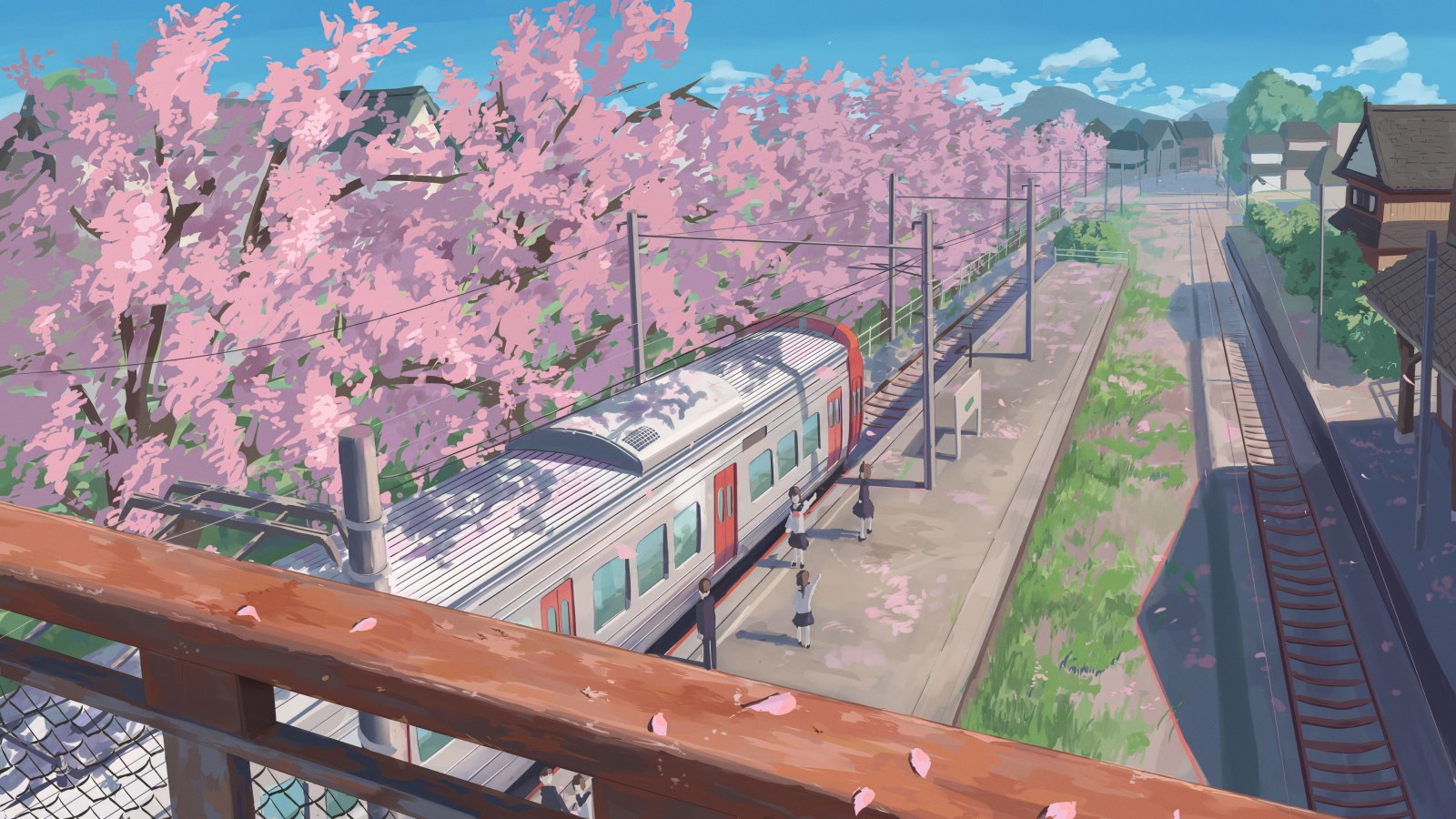 Cherry Blossoms Along a Quiet Railway — Anime wallpaper