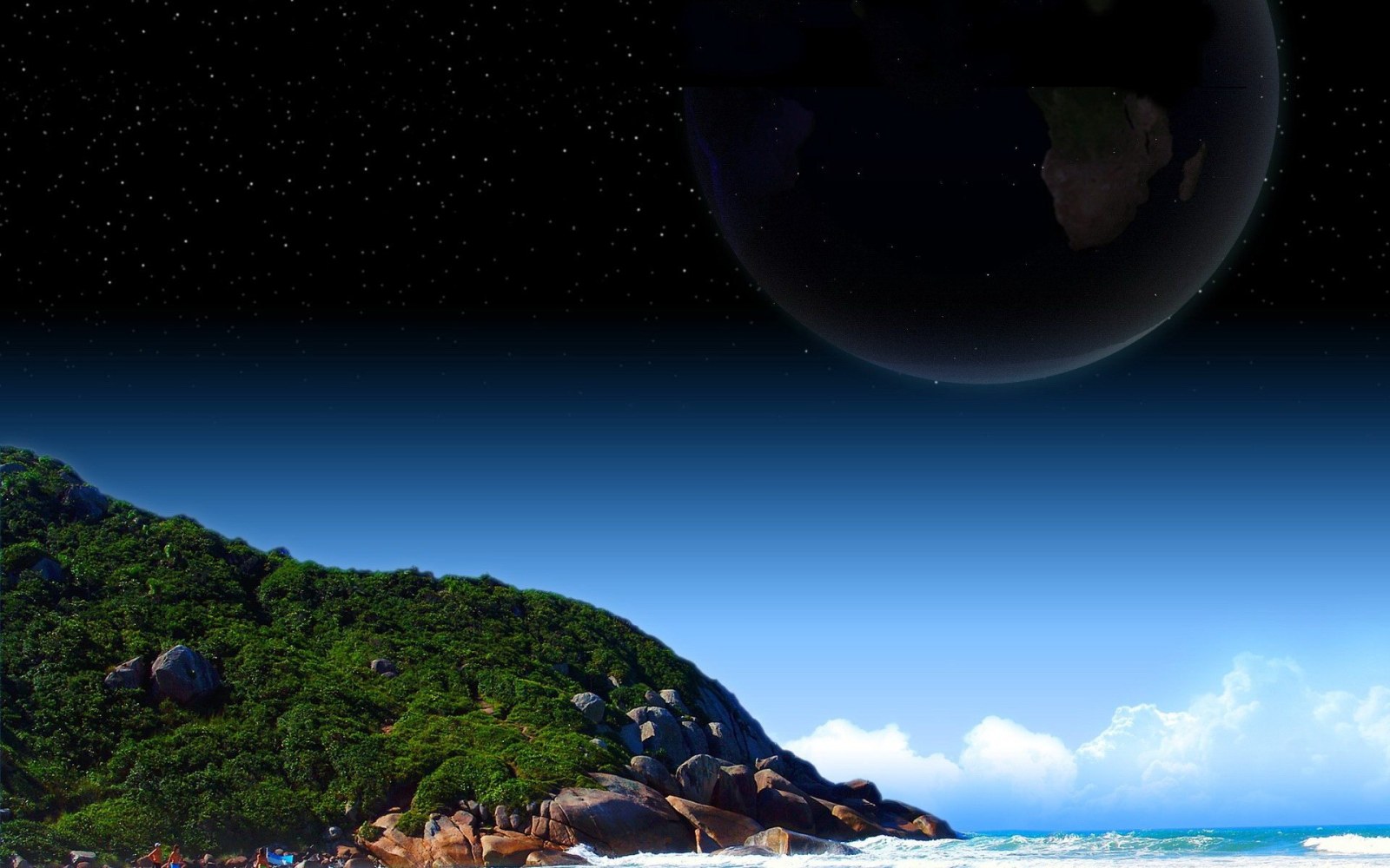 Giant Planet Above a Tropical Coast Wallpaper — Surreal wallpaper