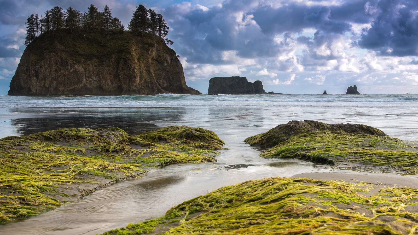 Mossy Sea Rocks Under Storm Clouds 4K Wallpaper — Nature wallpaper