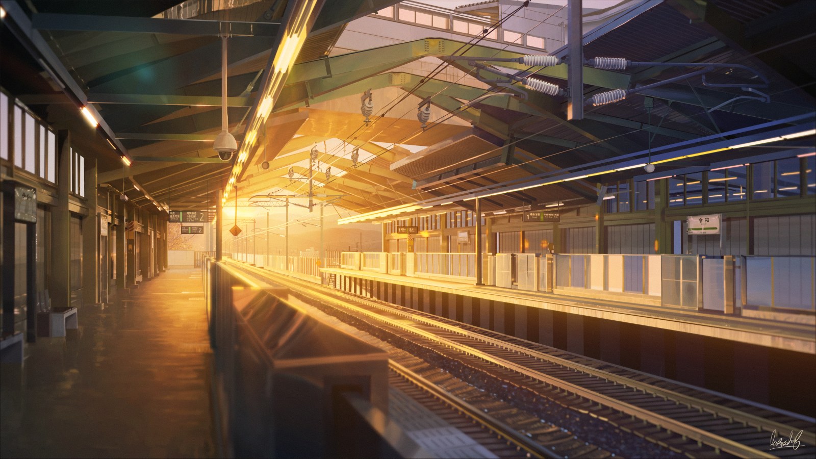 Golden Hour at an Empty Train Platform — Anime wallpaper