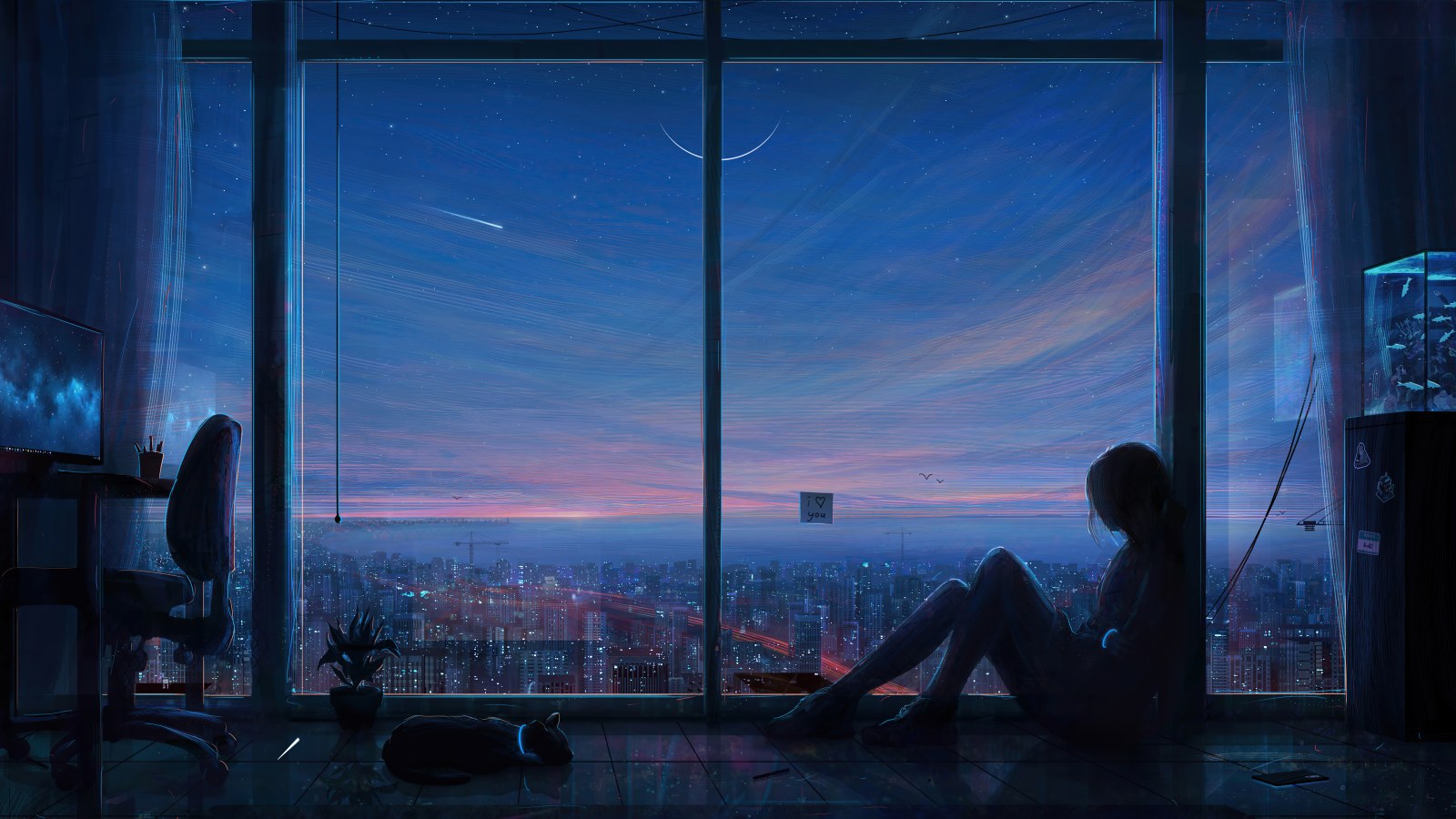 Cityscape of Halley's Comet in Navy Tones — City wallpaper