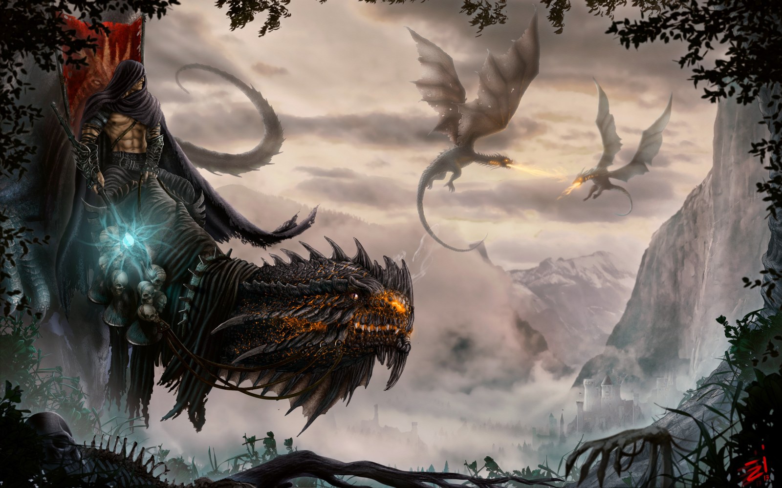 Dragon over a Fantasy Castle — Fantasy wallpaper