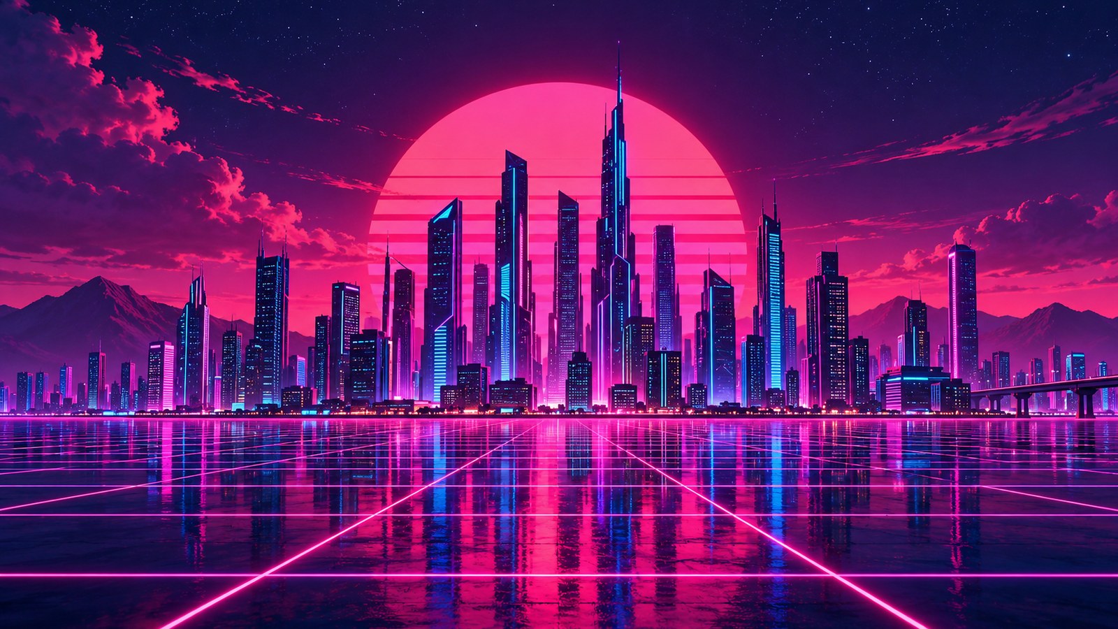 Neon Future City Grid 4K Wallpaper — Y2K / Retro wallpaper