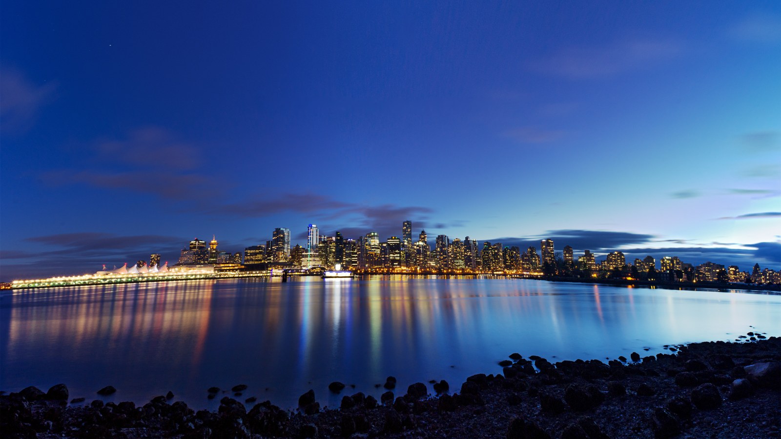 Waterfront City at Blue Hour, a landscape city wallpaper