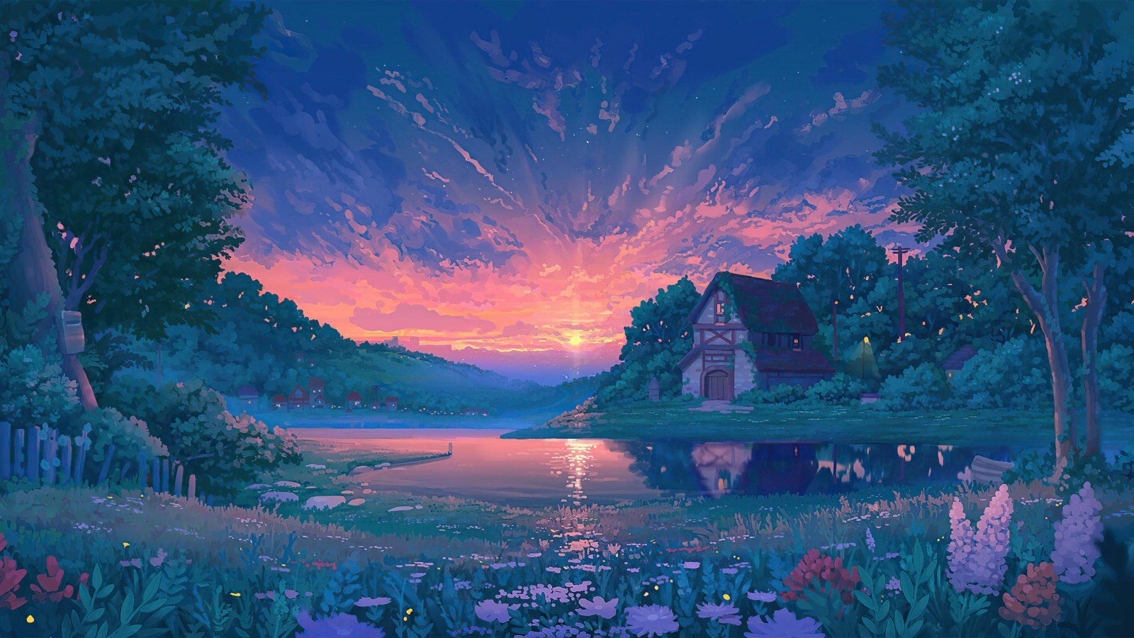 Lakeside Cottage at a Pink Sunset Wallpaper — Fantasy wallpaper