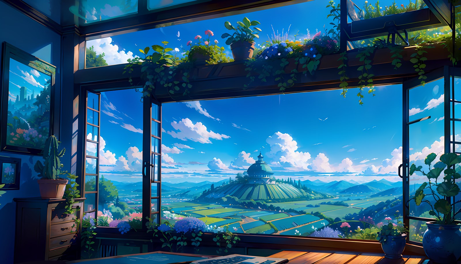 Sunny Room Overlooking Green Fields Wallpaper — Anime wallpaper