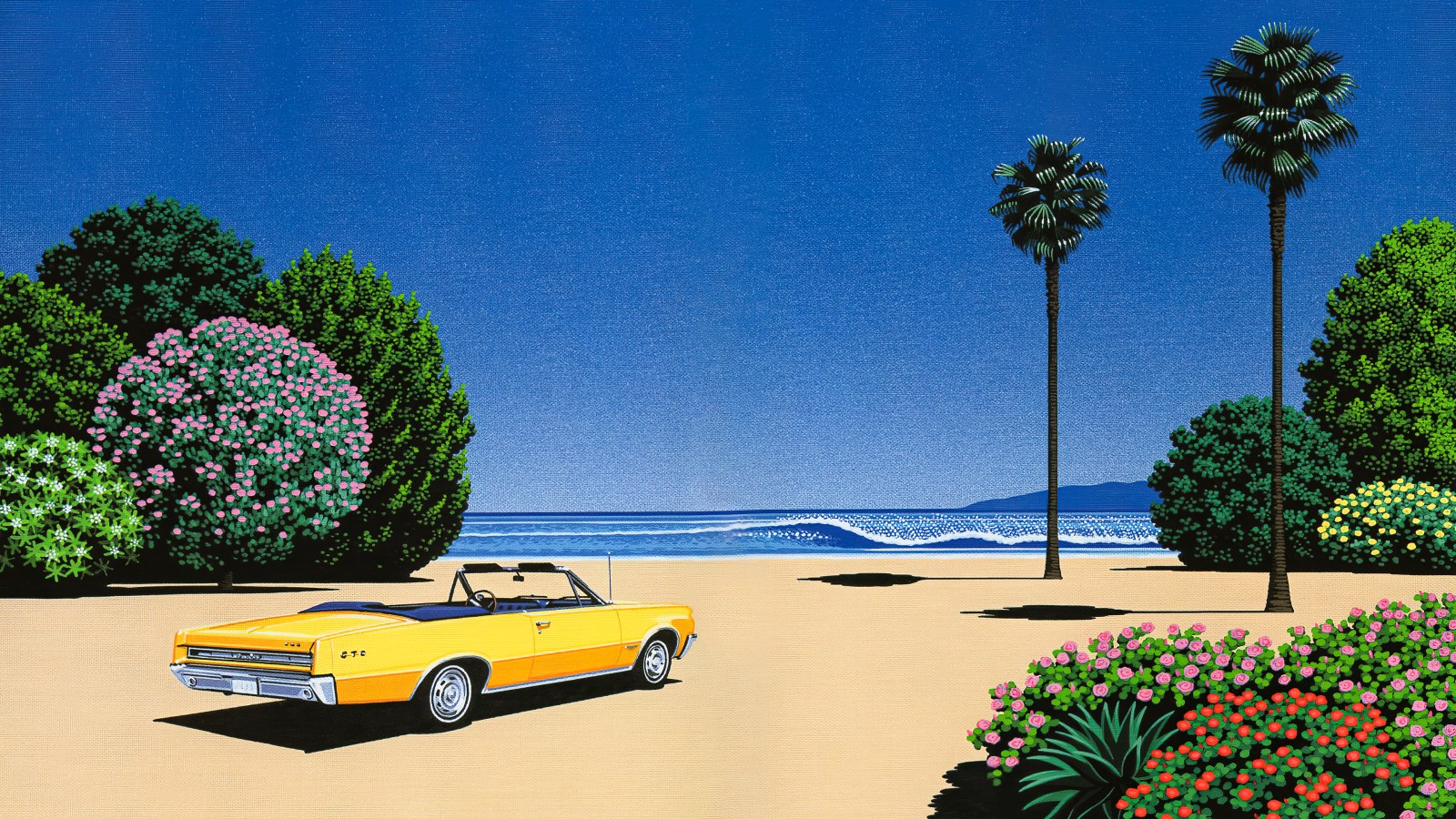 Yellow Convertible on a Tropical Coast Wallpaper — Y2K / Retro wallpaper