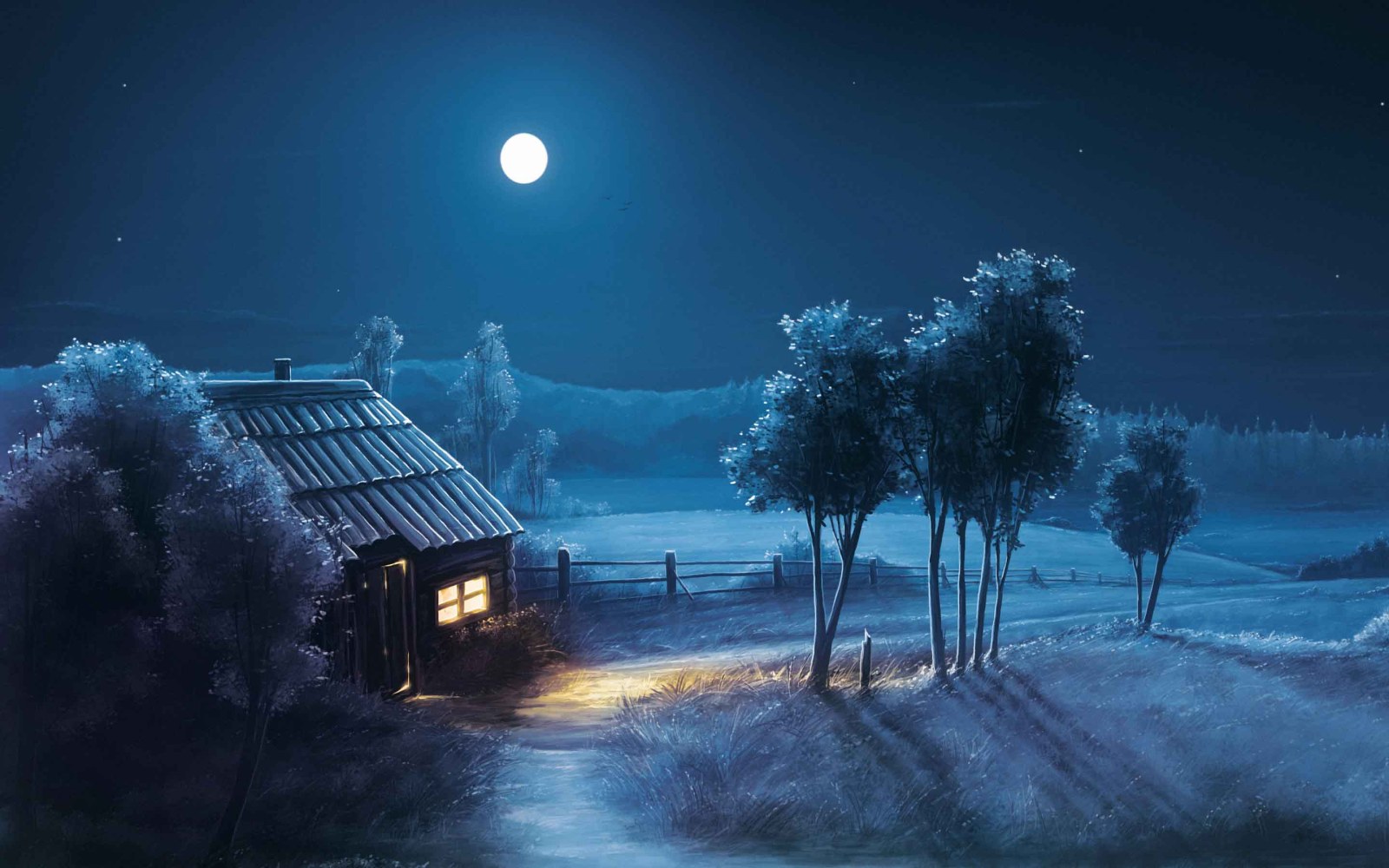 Moonlit Cottage Beside a Lake Wallpaper — Nature wallpaper