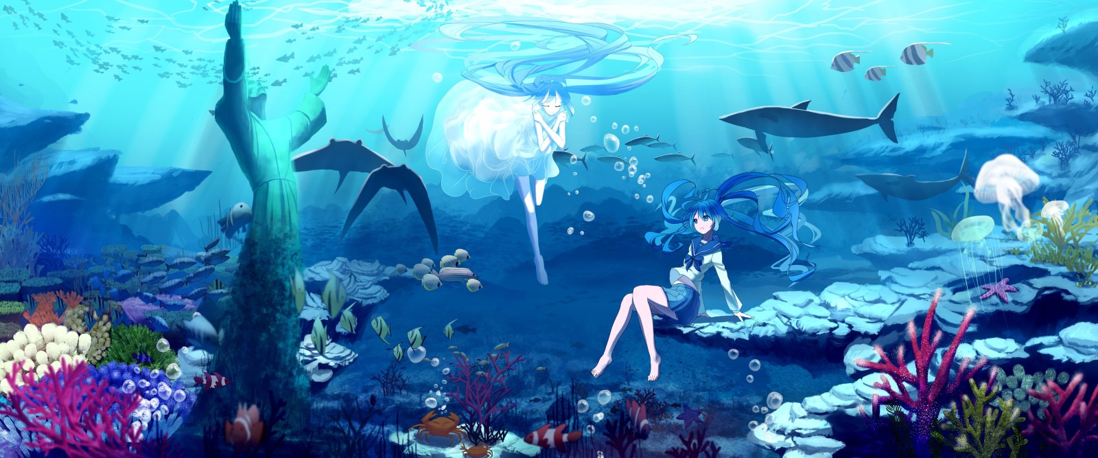 Ocean and Coral Reef in Blue Light — Underwater wallpaper