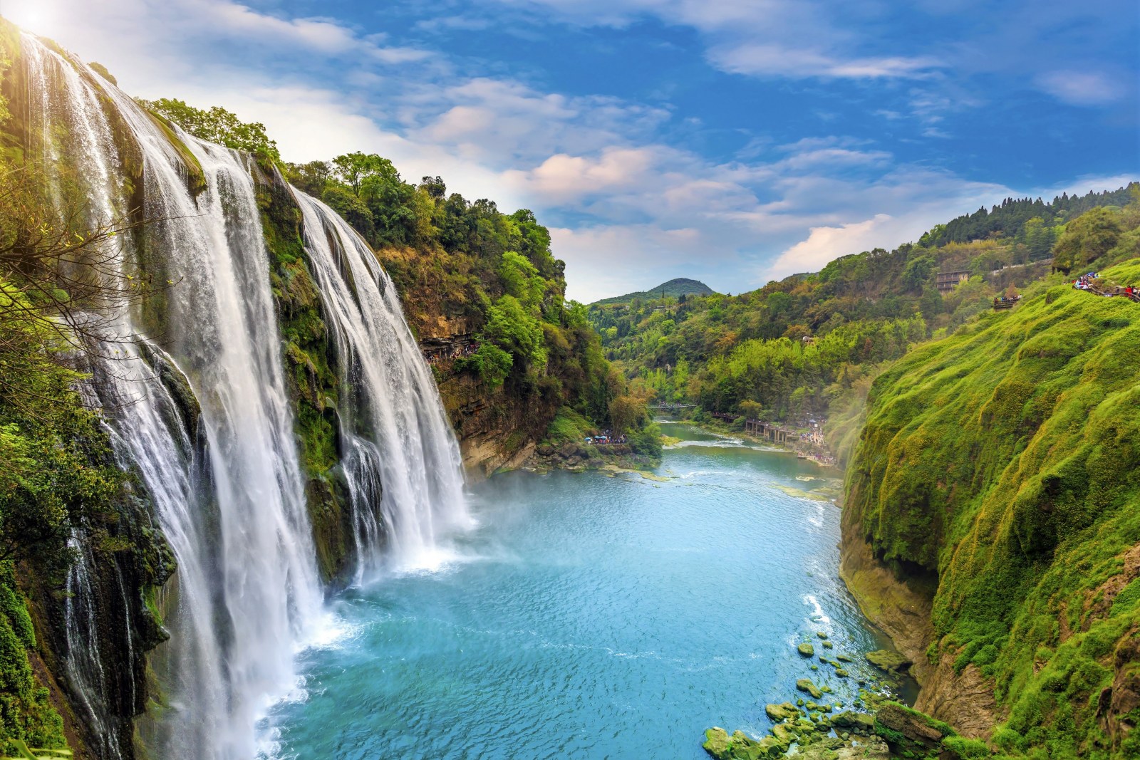 Ribbon Waterfalls into a Turquoise Pool — Waterfalls wallpaper
