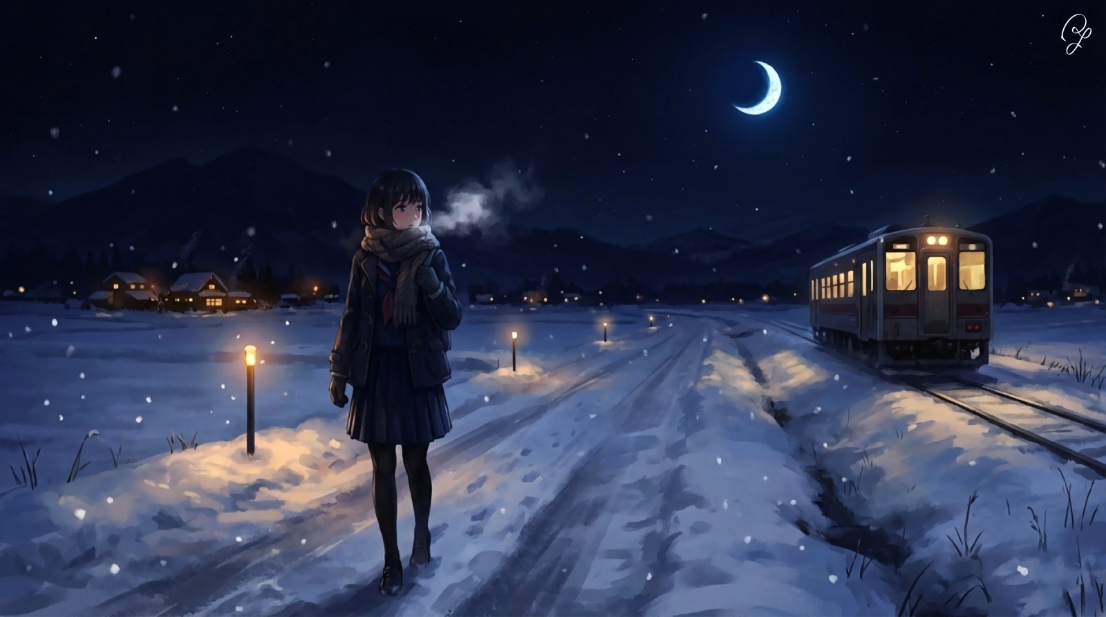 Snowy Night at a Rural Train Stop — Anime wallpaper