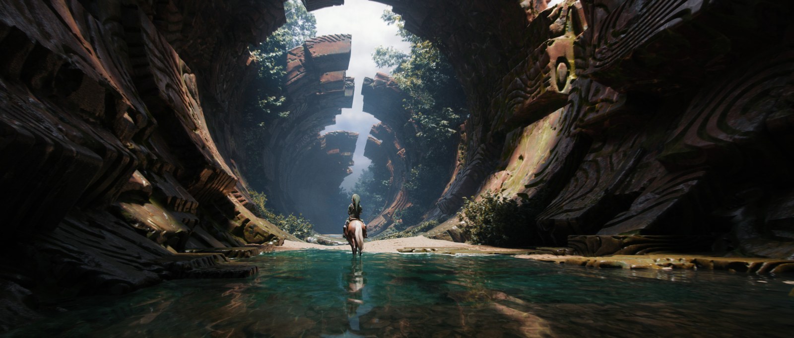 Explorer in a Vast Underground Canyon Wallpaper — Fantasy wallpaper