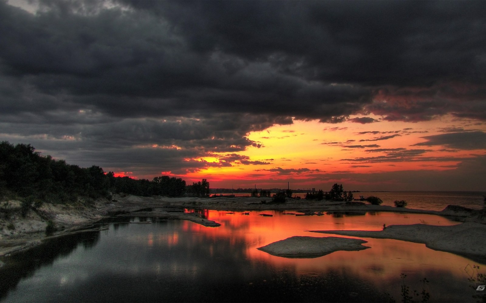 Fiery Sunset Reflected in Calm Water Wallpaper — Nature wallpaper