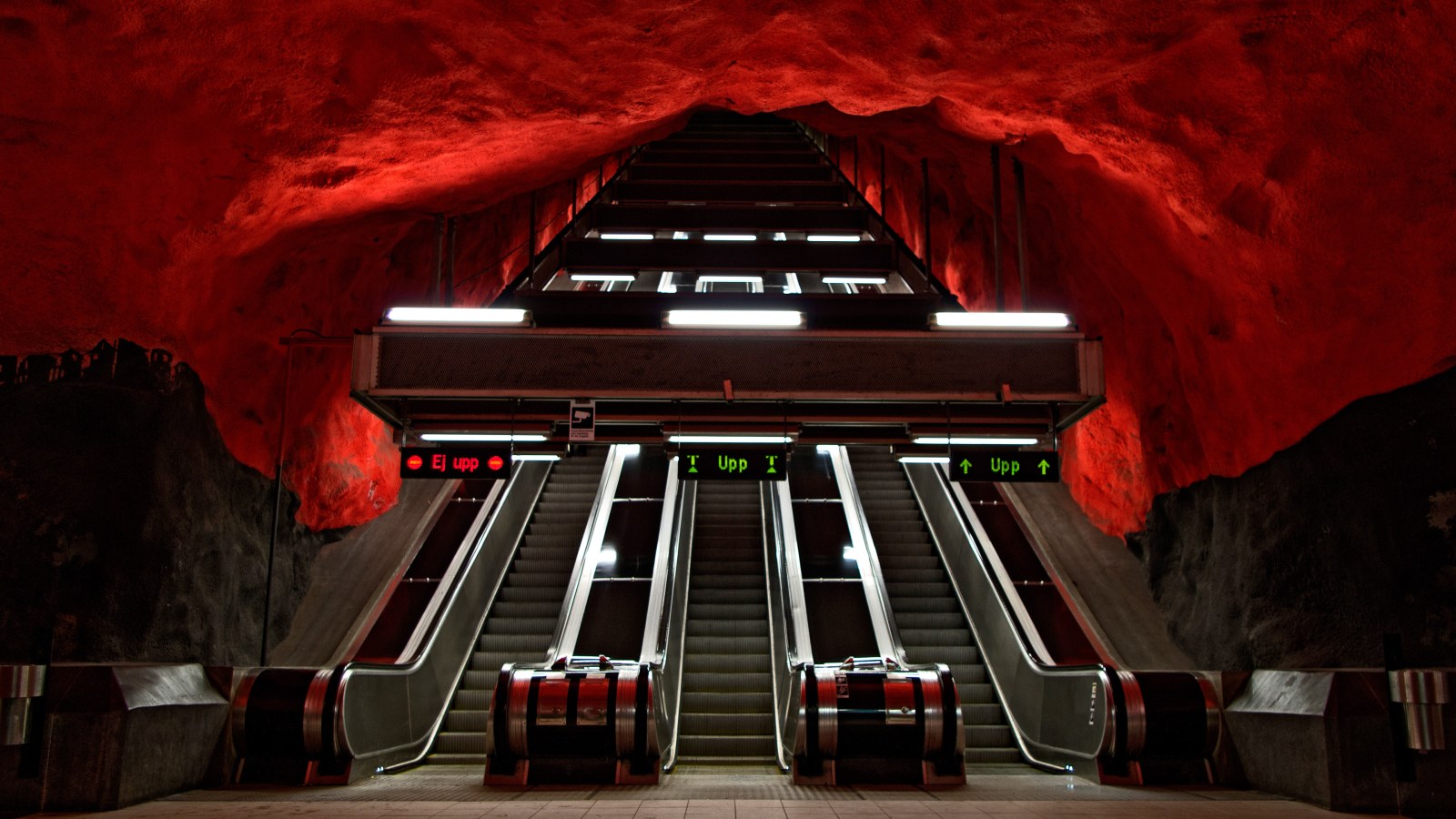 Red Underground Escalator Station 4K Wallpaper — City wallpaper