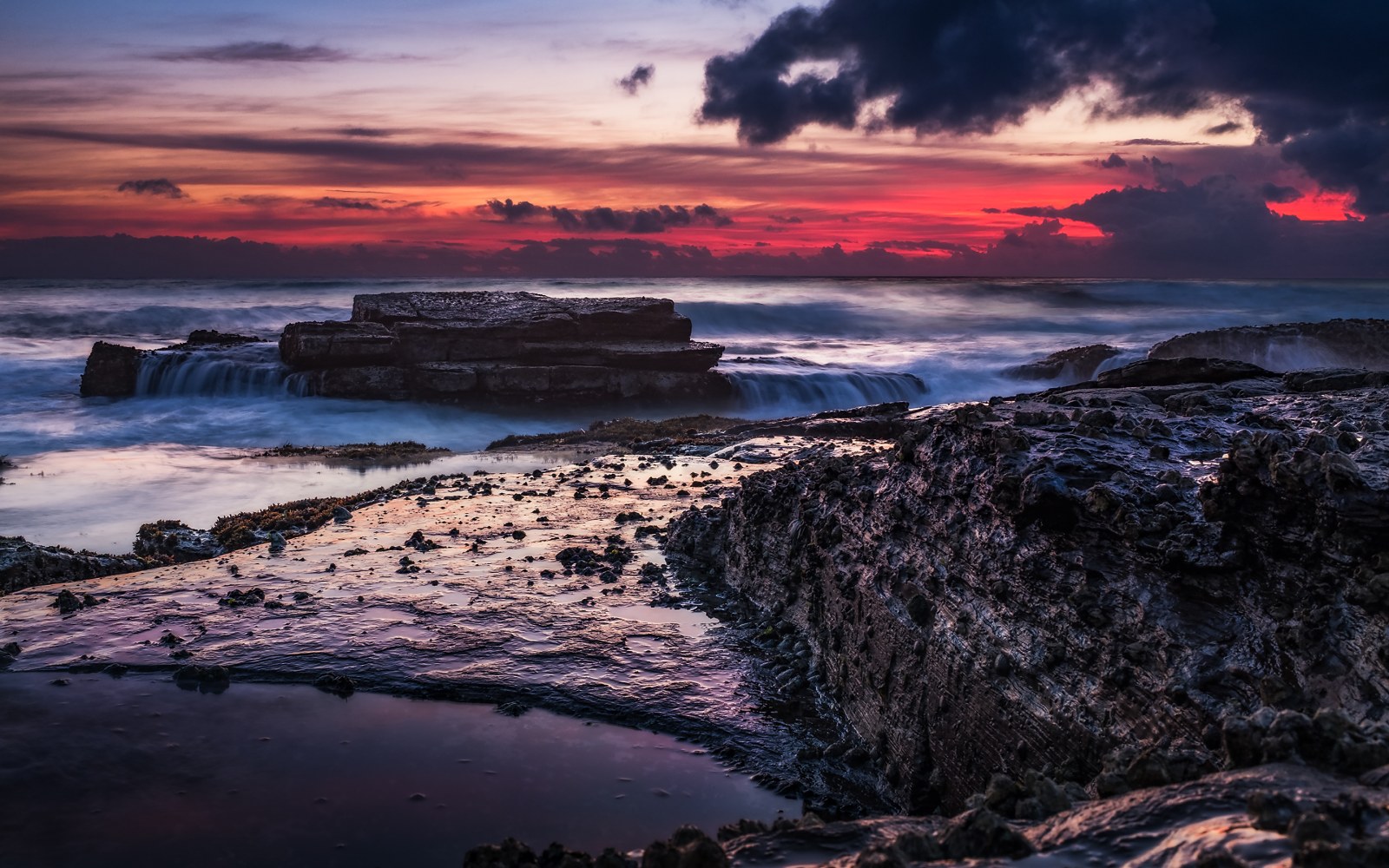Rocky Coast at Red Sunrise Wallpaper — Nature wallpaper