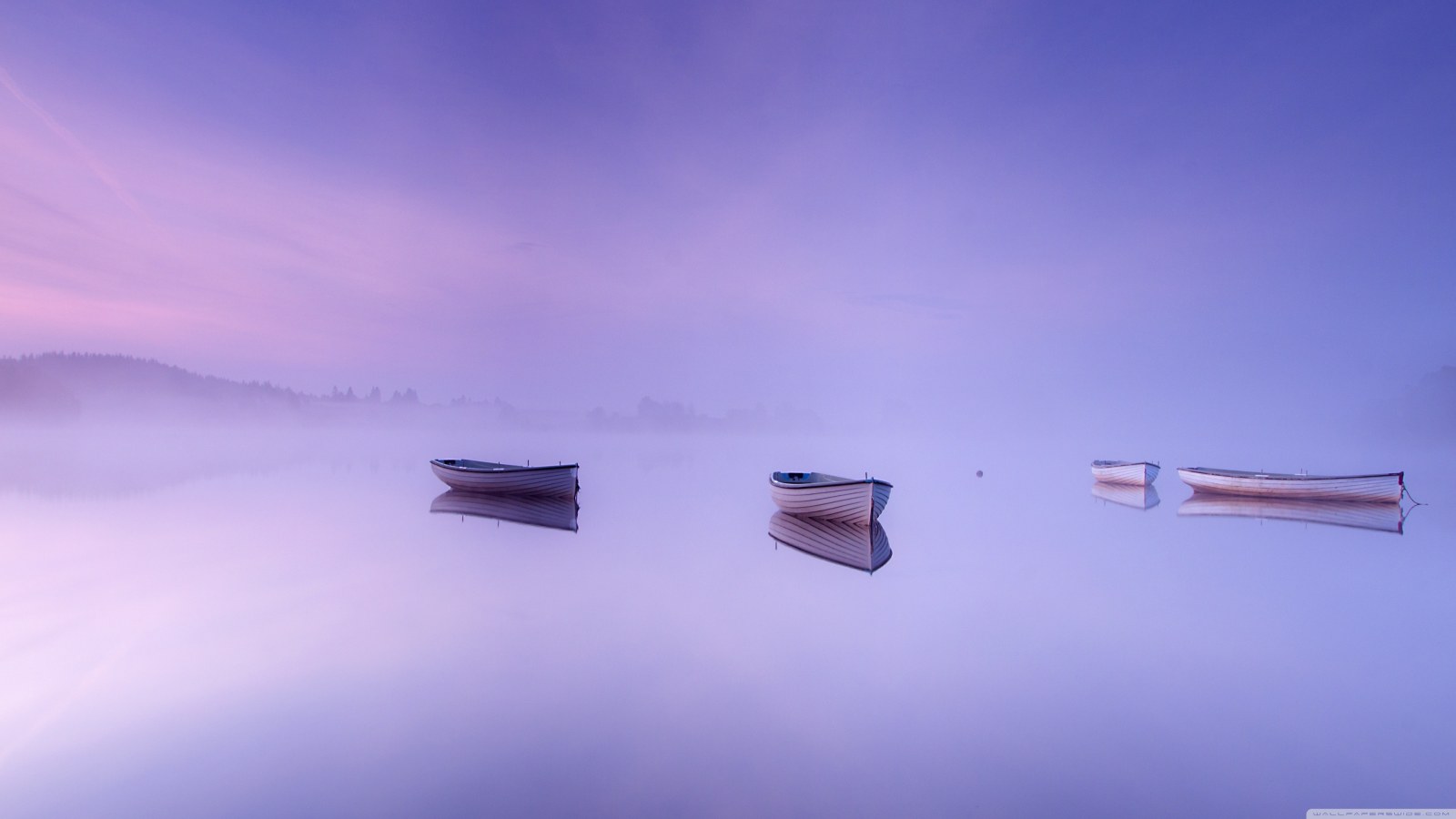 Boats on a Violet Misty Lake — Nature wallpaper