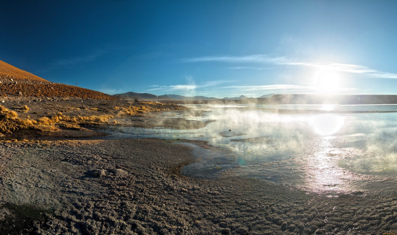 Sunlit Misty Lakeshore — Nature wallpaper