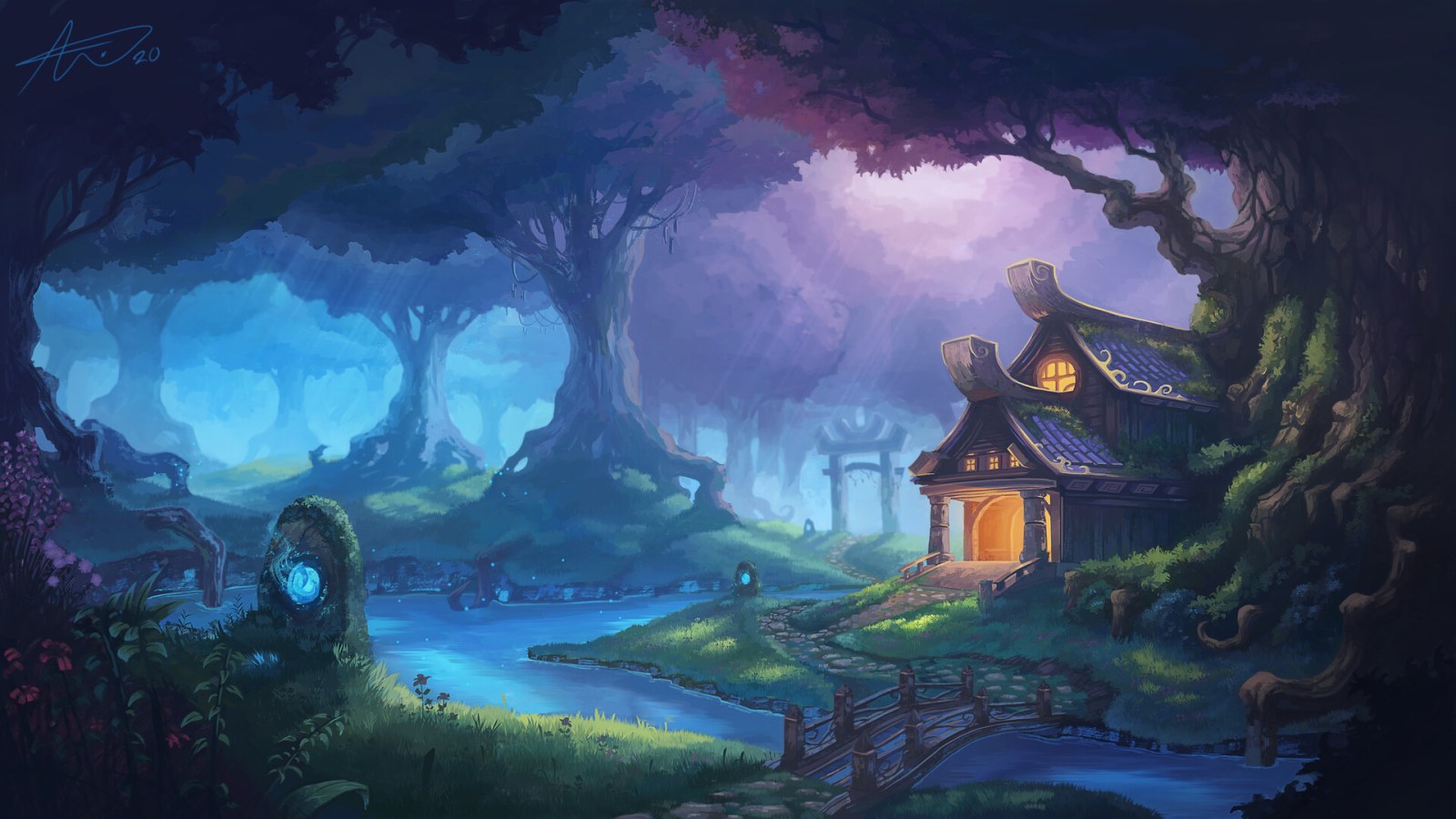 Glowing Cottage in an Enchanted Forest Wallpaper — Fantasy wallpaper