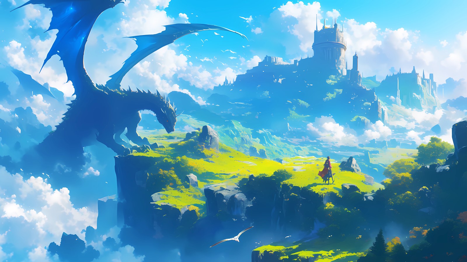 Cool-Toned View of Enchanting Fantasy Dragon Realm Desktop Background — Anime wallpaper