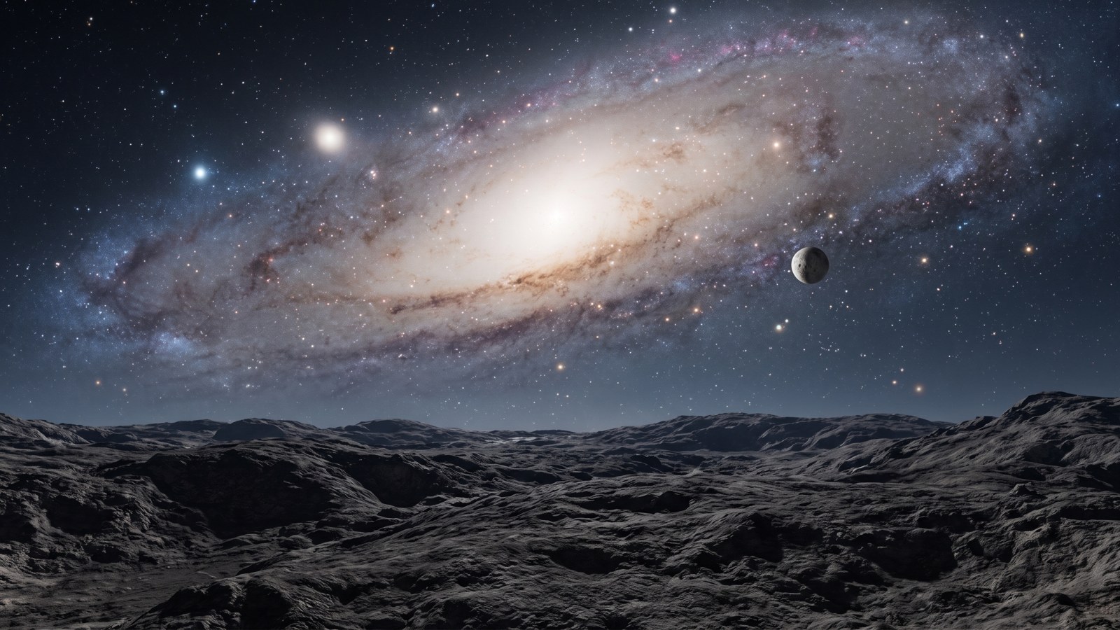 Galaxy Above a Rocky Moon 4K Wallpaper — Space wallpaper