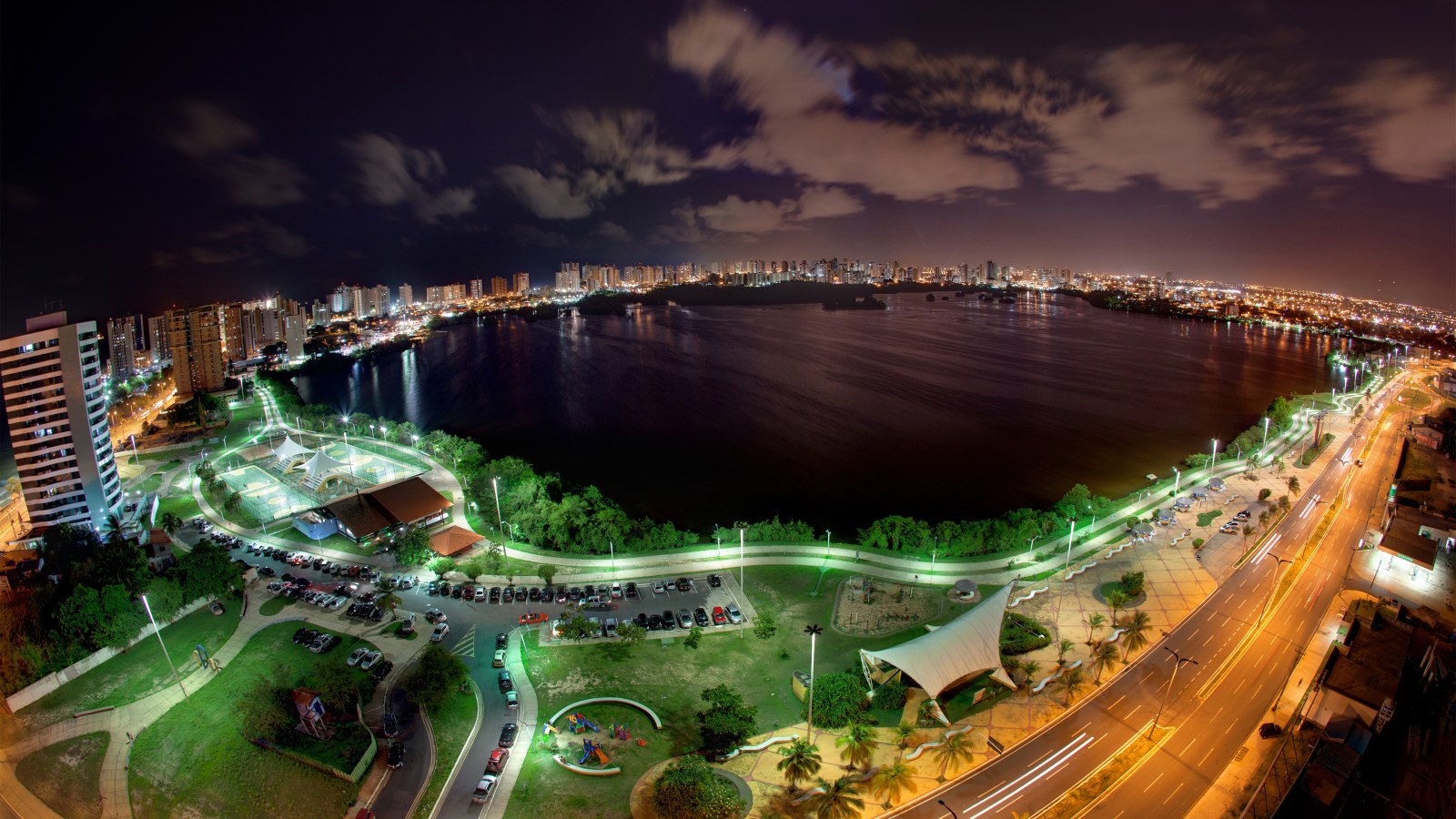 Illuminated Bay City at Night (city, landscape)