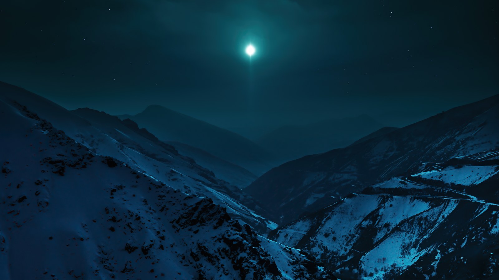 Moon Above Snowy Mountain Valley Wallpaper — Nature wallpaper