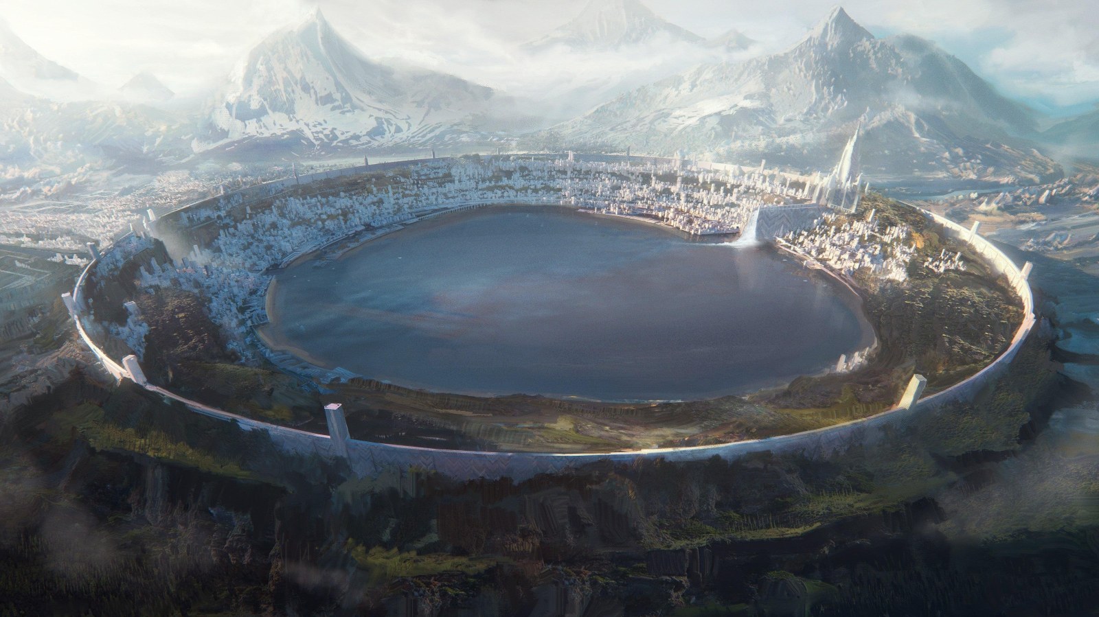 Circular City Beside a Mountain Lake Wallpaper — Fantasy wallpaper