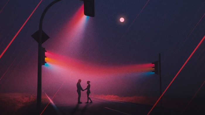 Couple Under Neon Traffic Lights — City wallpaper