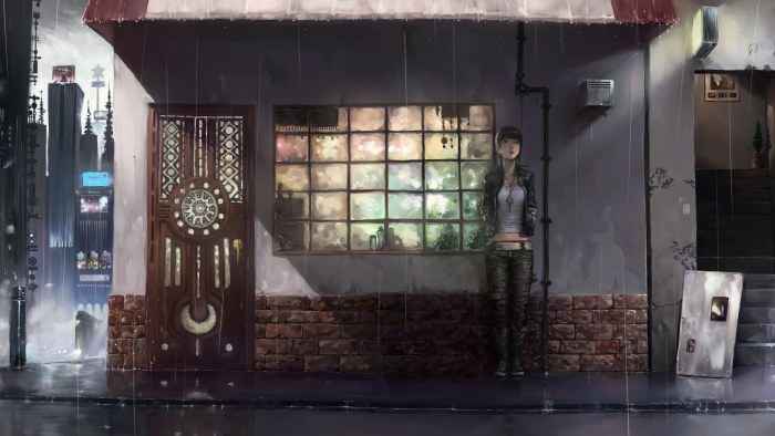 Anime Girl at a Rainy Doorway — City wallpaper