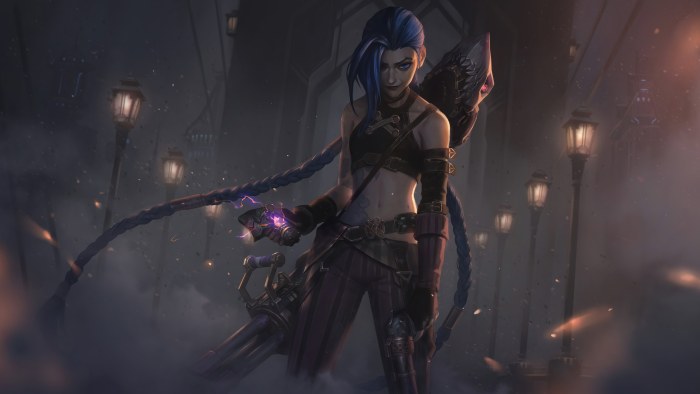Blue-Haired Gunner Under Street Lamps — Games wallpaper