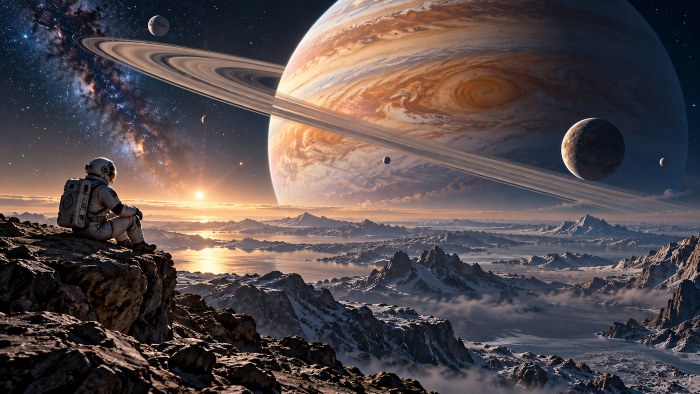 Lone Astronaut Beneath the Rings 4K Wallpaper — Space wallpaper