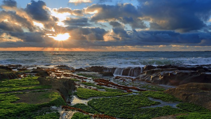 Green Rocky Coast Under Storm Clouds 4K Wallpaper — Nature wallpaper