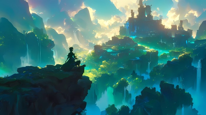 View of Enchanted Anime Kingdom in Cool Emerald Light — Anime wallpaper